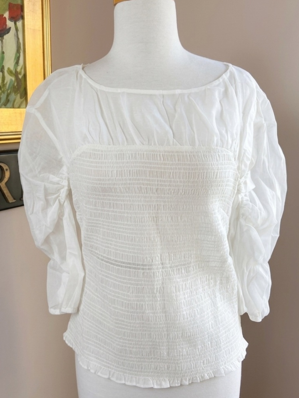 NWT Rebecca Taylor Sheer Off-White Silk Blend Smocked Blouse Size M